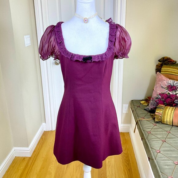 Reformation Dress Kacey Musgraves Babydoll Mini Burgundy Sheer Sleeves Bunny (6) - Picture 1 of 8